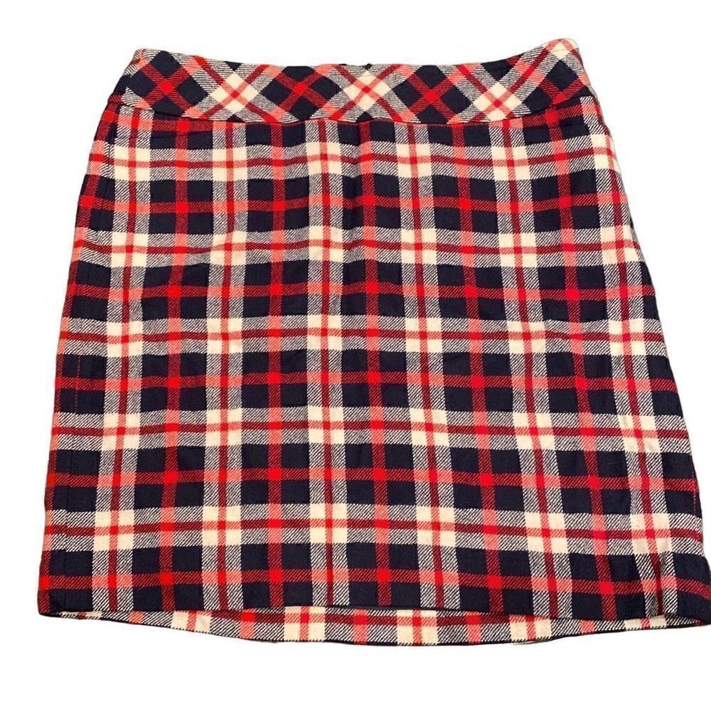 Talbots Red White Navy Blue Plaid Skirt Womens Size 12 Side Zip Front Pockets